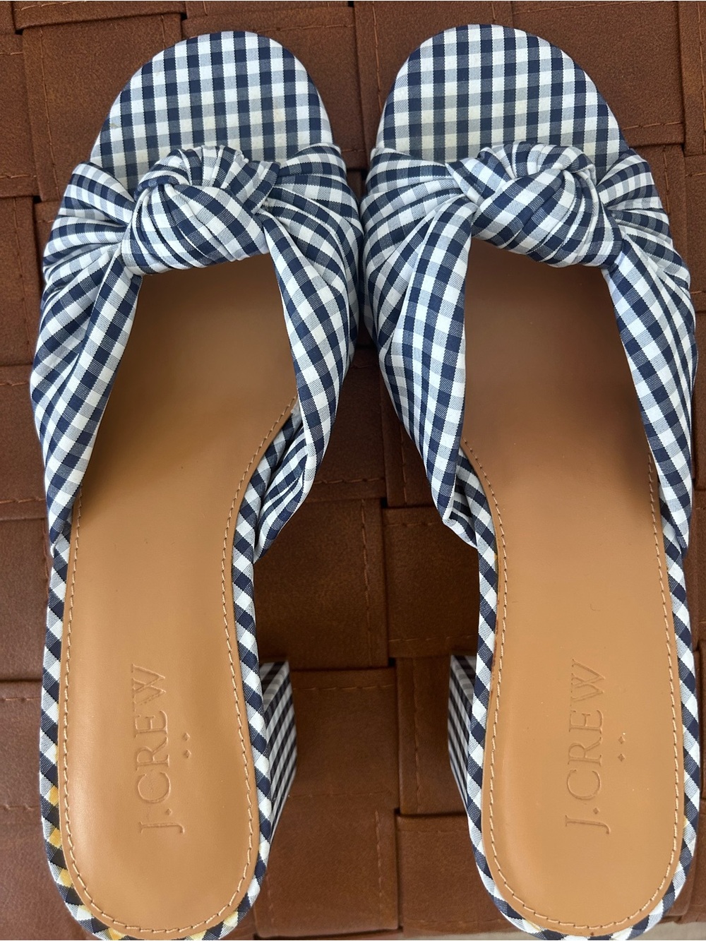 J.Crew Knotted Block-Heel Mule Sandals Gingham Navy/White Fabric Women’s Size 7 - Picture 6 of 11